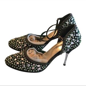 Marichi Mani Pump Heels Women 8.5 Green Metallic Rhinestone Stiletto  New
